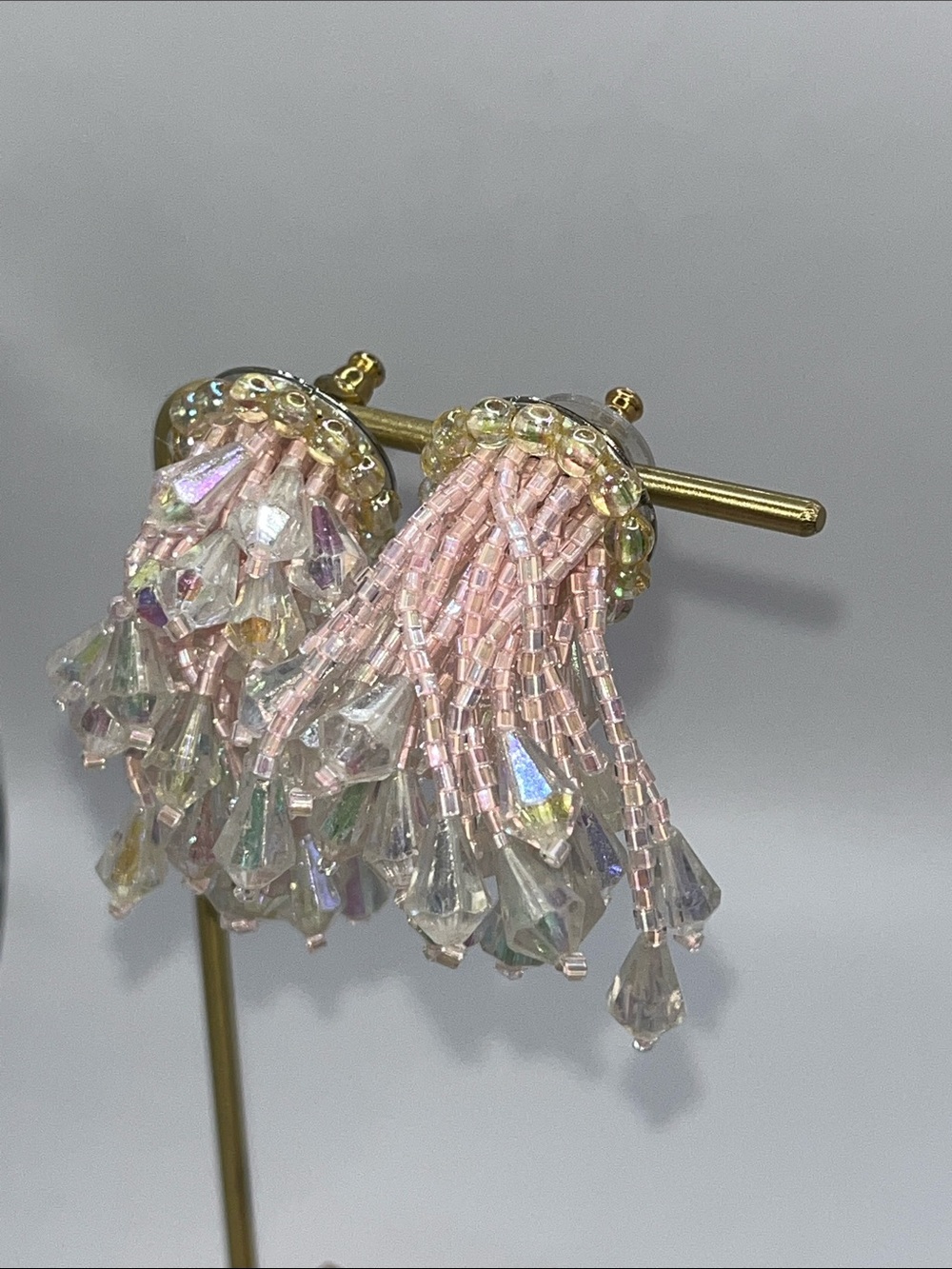 Pink Iridescent Beaded Tassel Earrings - Picture 4 of 9